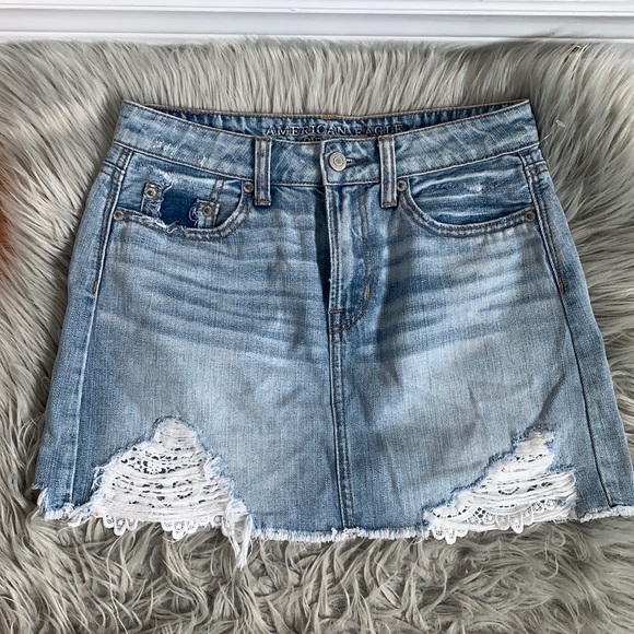 American Eagle Distressed Denim and Lace Mini Skirt - Picture 1 of 9